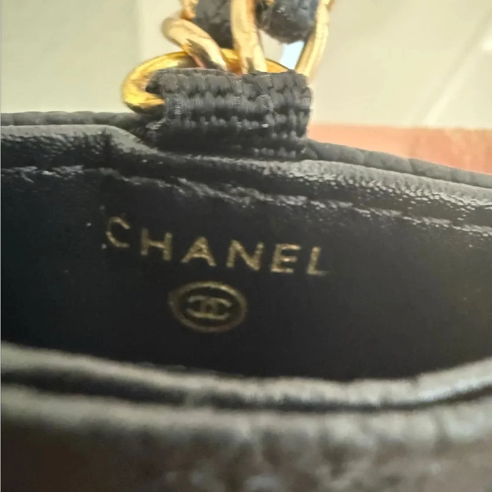 CHANEL Black Vegan Leather Chain Card Holder with Gold-Tone Chain